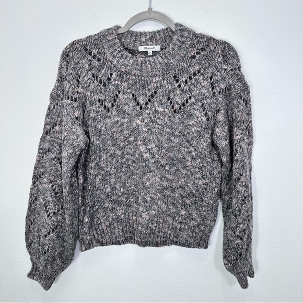 Madewell‎ Marled Grey Pointelle Bubble-Sleeve Pullover Sweater Chunky Knit XS
